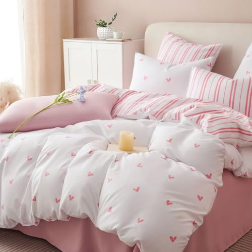 Freyamy Bettwäsche 220x240 Herzen Rosa Weiß Herz Gestreifte Bettwäsche Set | Aesthetic Wendebettwäsche, 3teilig Bettwäsche-Sets, Microfaser ÖKO-TEX Bettbezug mit Reißverschluss und 2 Kissenbezug 80x80cm