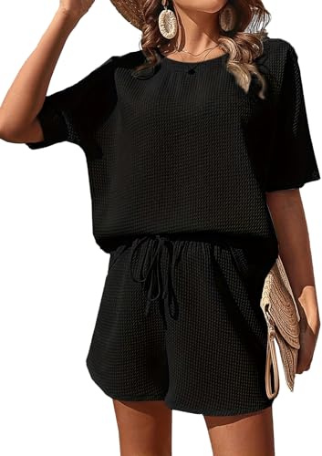 JFAN Conjuntos Chándal Mujer Verano Dos Piezas Conjunto Pantalones Cortos y Cuello Redondo Top Mujer Pantalones cortos con Cordón Ajustable para vacaciones en la playa,Negro,L