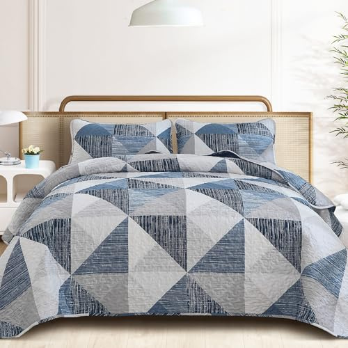 Dintszyayue Quilt Queen Size Blue, 3 Pieces Patchwork Bedspread Bedding for Queen Size Bed, Soft Lightweight Microfiber Geometric Coverlet Set for All Season Quilt with 2 Pillowcases