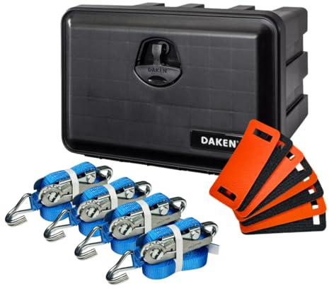 LOADCARE Set de fixation de charge pour voiture, camionnette, remorque avec boîte de remorquage étanche et accessoires 500x350x400 (Avec 4 x sangle à cliquet + 8 x protège-coins)