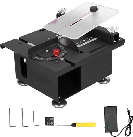 SustVita Mini Table Saw, 100W Adjustable Cutting Machine for Woodworking, Portable DIY Saw with 7-Level Speed Control, 0-90 Degree Angle Cutting, Compact Design