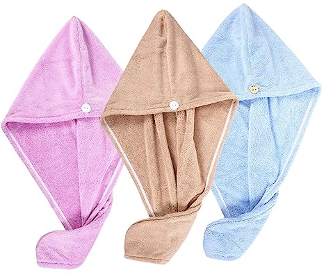 3 Stück-pack Haarhandtücher aus Coral Fleece, Trockenhaube | Zuhause und Reise, Geeignet für Haarlängen, Zufalls Buttonausführung Zufälliger Stil