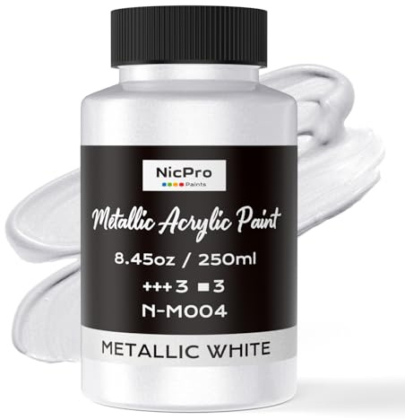 Nicpro Colore Acrilica Metallizzata Bianca Perlata,250 ml Vernice Acrilica Bianca, Non Tossica, Vernice Acrilica per Metallo, Legno, Argilla, Tessuto, Tela, Ceramica, Mobili, Artigianato