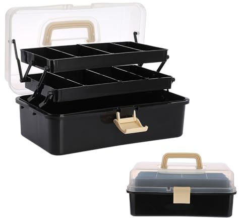 OGANAZI Tragbare Aufbewahrungsbox mit Griff und Deckel Schwarz Nähkasten | 3 Lagen Mehrzweck Organizer, Leer Bastelkoffer, Plastik Angelkiste Tisch Nähbox, 2 Regalen mit 6 verstellbaren Trennwänden