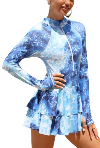 Ausing Mujer Traje de Baño de Surf de Manga Larga Rashguard 1 Pieza Traje de Baño Protección Solar Playa S-XL, azul, S