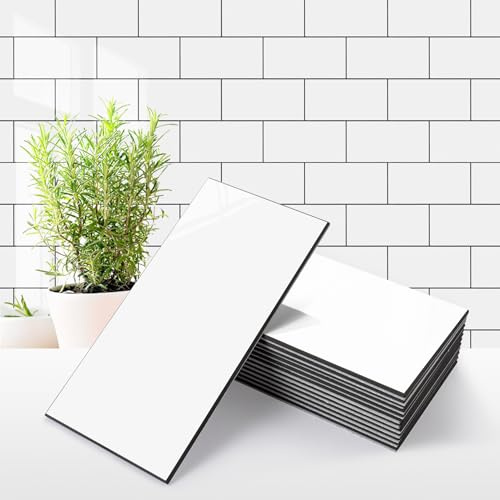 STICKGOO 100-Piece Glossy Pure White Peel and Stick Backsplash Tile,3''x6'' PVC Subway Tile with Dark Gray Grout,Stick on Backsplash for Kitchen/Bathroom/Fireplace