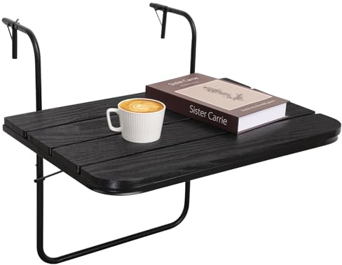 Table de bar pliante pour balustrade d'extérieur - Noir - Hauteur et largeur réglables - En bois - Avec cadre en métal - Pour jardin, porche, terrasse