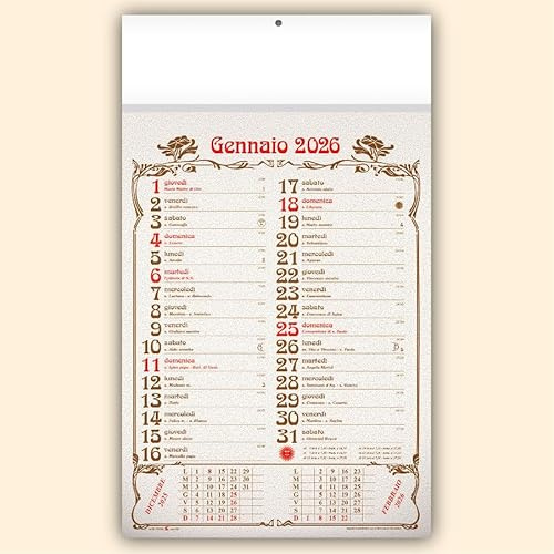 Calendario 2026 Olandese Listellato, 5 pezzi, con Santi, Festività, Fasi Lunari, Mesi Adiacenti, 31x53,3 cm s07