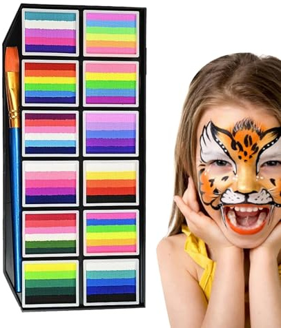 Face Paint Kit | Body Paint for Adults | Water-Based Washable Long-Lasting 12 Grids with Brush Makeup Markers for Festival Sports Theater Girls Cosplay Women Halloween