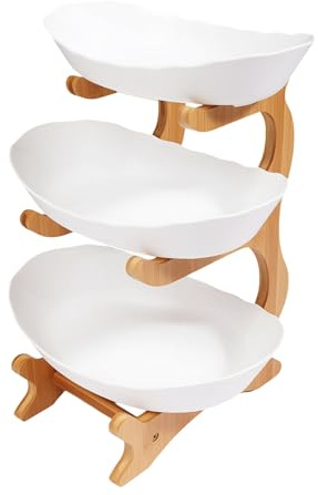 Jerool Bol de service avec support, étagère à fruits à trois étages avec support en bois de bambou naturel, plateau à gâteau, pour les fêtes et les mariages, en bois, blanc