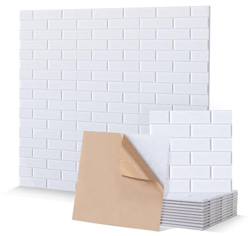 Beswitory 12 Pack Sound Proofing Panels Self-Adhesive Acoustic Absorbing Panels for Wall High Density Insulation Soundproofing Panels for Recording Studio, Game Room, Office, 30x30x1cm, Brick, White