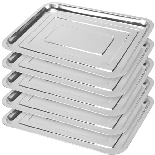 SYUTBOU 5 Stück Edelstahl Serviertablett, 40 x 30 x 2cm Silber Servierplatte, Baking Tray für Catering, Restaurant, Backblech für Küche