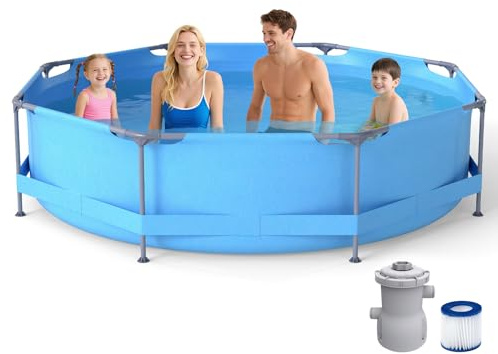 COSTWAY Piscina Desmontable Redonda con Bomba de Filtro, Estructura Metálica Antioxidante, Paredes de Triple Capa, Montaje Sin Herramientas, para Exteriores Jardín Terraza, Azul (? 3,6 m x 76 cm)