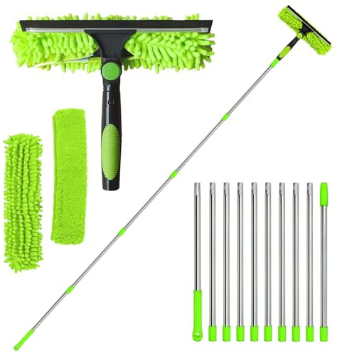 Kottwca 4,5M Fensterwischer - 2 - in - 1 Professioneller Fensterreiniger Set mit Teleskopstange - Ideal für Innen & Außen, Hochfenster, Wand, Auto - Mit Gummiwischer und Mikrofasertuch, Grün
