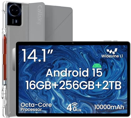 Callsky-Tech Tablet da 14 pollici, tablet Android 15, 16 GB di RAM+256 GB di ROM, display IPS FHD 1920x1200, Widevine L1, batteria da 10000 mAh, Bluetooth 5.0, custodia con supporto multi-angolo e
