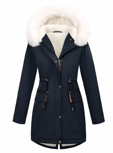 CMTOP Blouson Femme Hiver Polaire Chaude éPais Veste Imperméable Coupe-Vent Mi-Long Manteau à Capuche Peluche Thermique Manteaux Slim Fit Elegant Parka Outerwear avec Poches, Zippé(Bleu Marine,M)