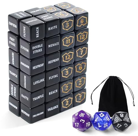 51 Stück MTG-Würfelzähler-Set, AbilityKeyword Zähler, Schild Lebenszähler | MTG Würfel Set, mit D20-Würfeln und Tasche, für MTG, TCG, Karten, Gaming-Zubehör