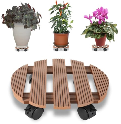 Peviasot Rotella per piante in WPC, portata 80 kg, rullo per fiori rotondo 7,5 x 30 cm, ruote girevoli a 360°, rullo per fiori con ruote per interni ed esterni, marrone