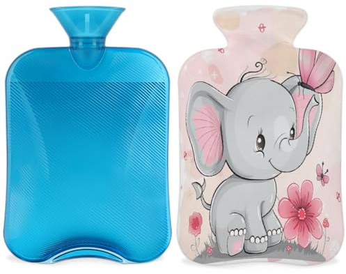 Cute Elephant Hot Water Bottle with Cover, Elephant Flower 2L Hot Water Bag for Pain Relief, Neck Soft and Shoulder, Hand Feet Warmer, Hot and Cold Compress for Adult Kids