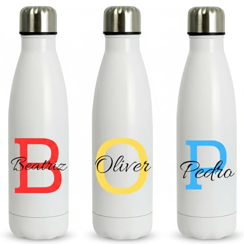 Fresh-Ko - Botella Personalizada con Inicial y Nombre - 500 ml - Mantiene la temperatura 12 horas - Cierre Hermético - Regalo Personalizado - Botella de Agua