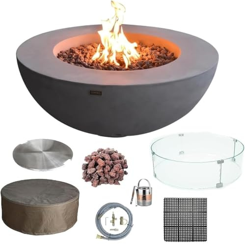 Lunar Bowl – Ensemble de brasero d'extérieur en béton coulé, table de patio avec brasero de 106,7 cm, pare-brise en verre, acier inoxydable et housse en toile (gris clair, carburant : gaz naturel)