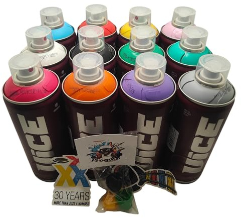 MTN Vice Spray Paint Pintura en Aerosol 12x400ml + 3 Boquillas, Colección 30 Aniversario, Alta Presión, Secado Rápido, Pack Multi-Color, 12 Unidades