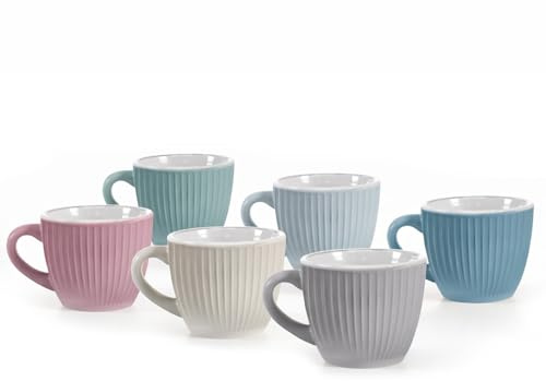 MAURY'S IL NUMERO UNO DEL RISPARMIO Set Tazzine da Caffè - Colori Pastello, 90 cc, Design Rigato, in Rilievo, Ceramica, Ideali per Espresso, Idea Regalo, Assortito - 6 x 6h cm