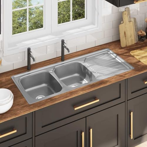 Lavabo de cuisine double avec tamis et siphon en acier inoxydable pour cuisine et salle de bain, montage facile