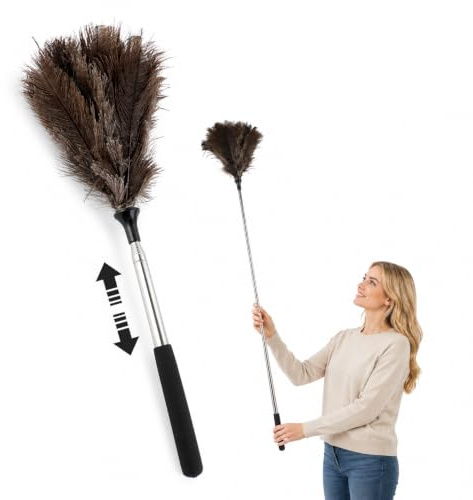 Plumero de Plumas de Avestruz,Plumero Telescopico Extensible 40cm a 116cm | Plumero Atrapapolvo, Plumeros para el Polvo Reales, Reutilizable, para Persianas Muebles Coches Teclado