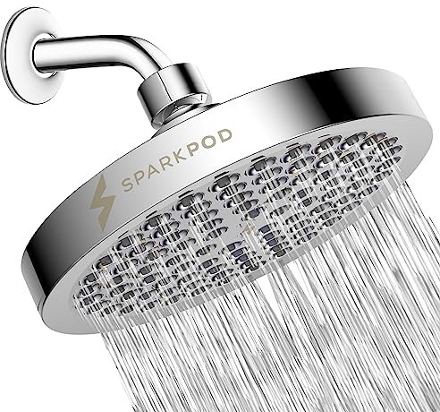 SparkPod Feststehender Duschkopf mit Hochdruck Regen Funktion - Einfache Werkzeugfreie Installation - Verstellbarer Ersatz Duschkopf - Regenduschkopf mit Filter - Brause - Dusche (Chrome, 15cm Round)