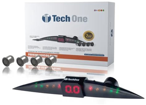 TECH ONE Sensores Aparcamiento Coche Prime, Universal 4 sensores asistentes de Aparcamiento con Pantalla de Color LED, Kit de Alarma de Audio de Marcha atrás - Negro Mate
