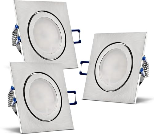 trendlights24 Mare LED Decken Einbaustrahler IP44 flach dimmbar 5W 3er Set | Edelstahl Optik gebürstet, eckig, ultra flach, Einbautiefe 35 mm, 230V, Spots, Neutralweiß, 4000k, Feuchtraum, Bad, außen