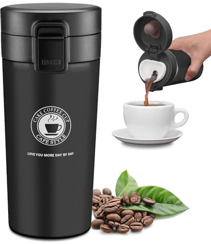 JEEZAO Mug Café Isotherme de Voyage 380 ML,Thermo Bouteille,Double Paroi Isolée sous Vide, sans Fuite, sans BPA, Acier Inoxydable (Noir)