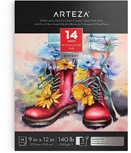 Arteza Aquarellblock, Größe 22.86 x 30.48 cm, 14 Blatt, 300 gsm Aquarellpapier Hot Pressed, 100% Baumwolle, feinkörniges Wasserfarben Papier für Detail- und Linienarbeiten, trocknet schnell