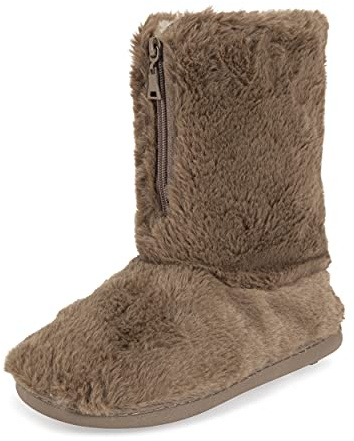 Polar Cremallera de espuma viscoelástica cubierta de piel sintética suela de goma interior exterior acogedor zapatillas de bota de lujo para mujer - Taupe - 38
