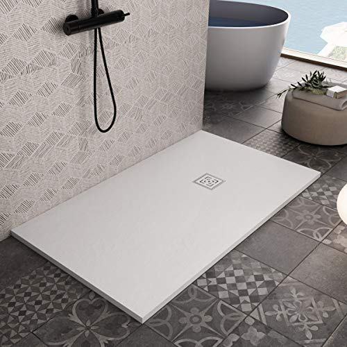 Essence ArredoBagno Duschtasse aus Kunstharz, 140 x 100 cm, Steinoptik, rutschfest, mit Gelcoat – Modell Rome weiß – Gitter und Abfluss im Lieferumfang enthalten