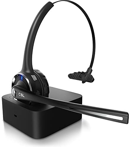 CSL - Bluetooth 5.0 Headset mit Ladestation - PC Headset mit flexiblem Mikrofon - Multipoint - kabellos - leicht - freisprechen - für Auto und LKW Computer Call Center Handys