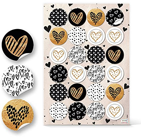 Herz-Aufkleber, 24 Stück: Runde Sticker mit Herzen, Geschenkaufkleber Rund, Geburtstagsaufkleber Geschenke, Geburtstag, Hochzeit, Freundschaft & Liebe, Zum Aufkleben, Schwarz, Weiß & Gold, ⌀ 4 cm