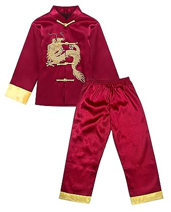 KKmeter Kids Boys Traditional Chinese Kung Fu Outfit Embroidery Dragon Tang Uniform Martial Arts Suits (7-8, Burgundy)