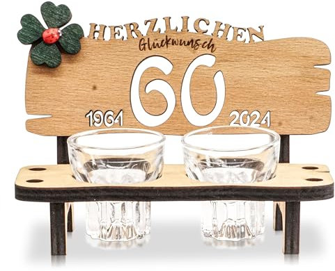DARO Design SCHNAPSBANK – Schnapsbank mit Gravur aus Buche, inkl. 2 Arcoroc Schnapsgläsern, Kleeblatt & Jahreszahlen – Geschenk zum Jubiläum, Geburtstag oder Hochzeit – 60 Jahre