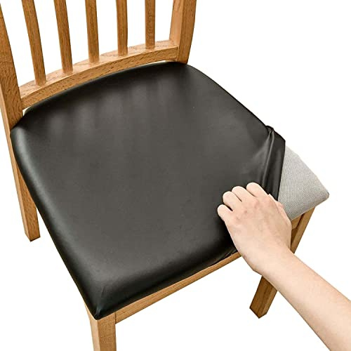 AQIGR Stuhlhussen Esszimmerstuhl Sitzbezug 2/4/6 Stück Wasserdicht PU-Leder Stuhl Sitzbezüge Stretch-Sitzbezüge Abnehmbar Waschbar Stuhlhussen Sitzschutzbezug für Zuhause, Hotel, Bankett