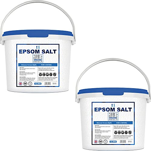 Epsom Salt 25KG (12.5KG x 2) Bucket | Food Grade Magnesium Sulphate Crystals | Natural Epsom Salts for Bath Soak, Foot Spa, Cleaning & DIY Beauty | Mined in Germany | Resealable Tub | 1Nutrition