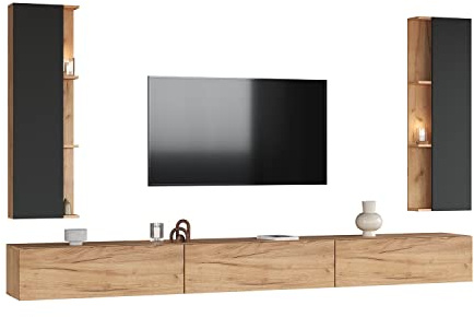 Planetmöbel TV Wohnwand Wohnzimmer 3X 100 cm Gold Eiche | mit 2x 40cm Seitenschränken Gold Eiche / Anthrazit