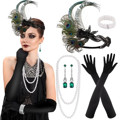 PLULON 8 teiliges 1920er Flapper Great Gatsby Accessoires-Set Fashion Roaring 20's Theme Set mit Stirnband, Kopfbedeckung, langen schwarzen