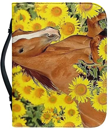 Howilath Braunes Pferd Sonnenblume Blumen-Bibeleinband Leder Buch Tragetasche Casual Kirche Taschen PU Buchhülle für Damen - M