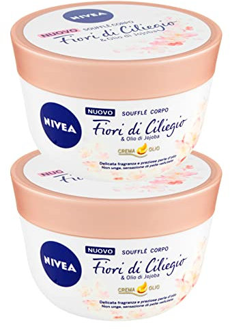 Nivea Soufflé Kirschblüten, Körpercreme, feuchtigkeitsspendend, leichte und sanfte Textur mit Jojoba-Ölperlen, glatte und samtige Haut-Effekt, 2 Dosen à 200 ml