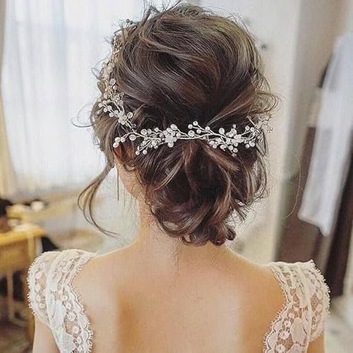 fdsmall Bridal Wedding Hair Vine Long Pearl and Crystal Beads Bride Head Piece Adjustable Rhinestone Headband Wedding Hairs Barrette Hair Accessories for Bridal, Women and Girls (White, 50cm)