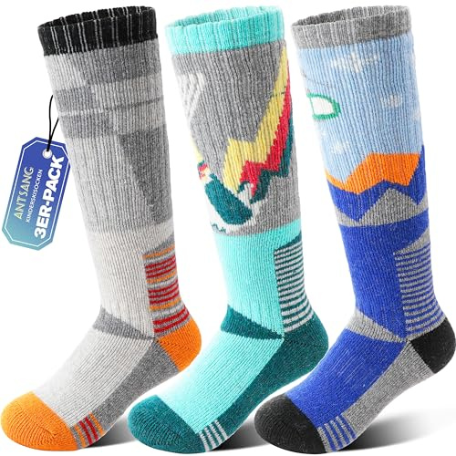 ANTSANG Kinder Merino Woll Skisocken Jungen Mädchen Thermisch Dick Warm Winter Gemütlich Kniehohe Socken zum Skifahren Snowboarden 3 Paar(Grau/Orange/Blau,29-34)