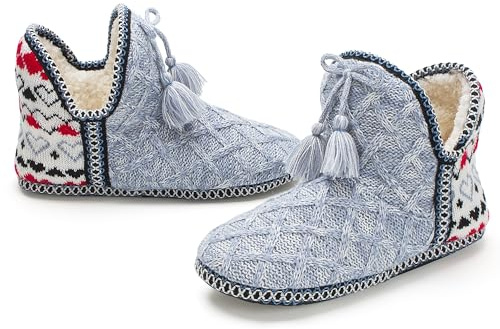 Cozylook Women's Bootie Slippers Cozy House Shoes with Memory Foam Plush Fleece Lining Indoor/Outdoor Anti-Slip Sole Warm Fuzzy Ankle Boots for Winter Comfort Blue Adult Size 7-8