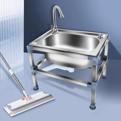 COKYIS Spültisch Klein Edelstahlspüle Professionelle Küchenspüle Für Außen Innen， Edelstahl Waschbecken Multifunktions Einzelspüle Mit Ständer Und Armatur (Color : with Faucet, Size : 48x35cm/19x14i